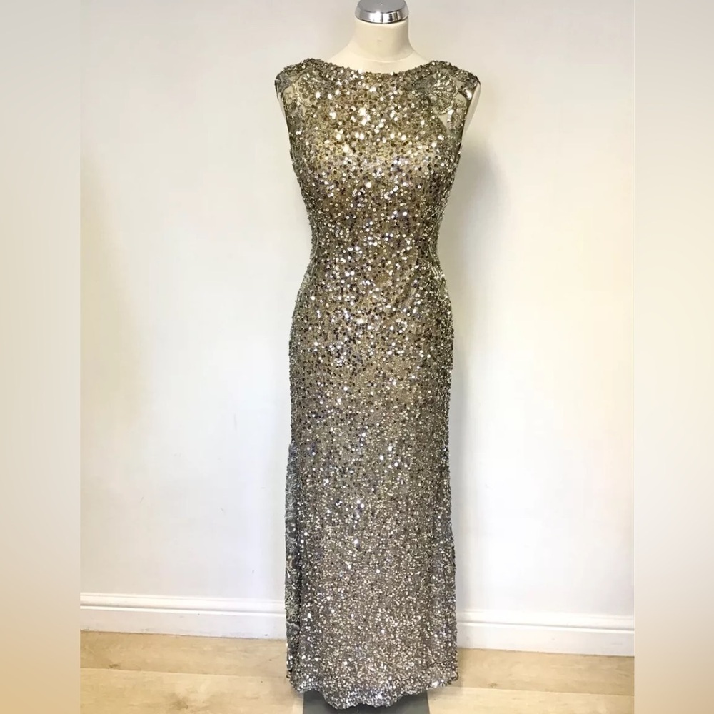 SCALA SILVER SEQUINNED & BEADED SCOOPED BACK LONG EVENING DRESS SIZE 2
